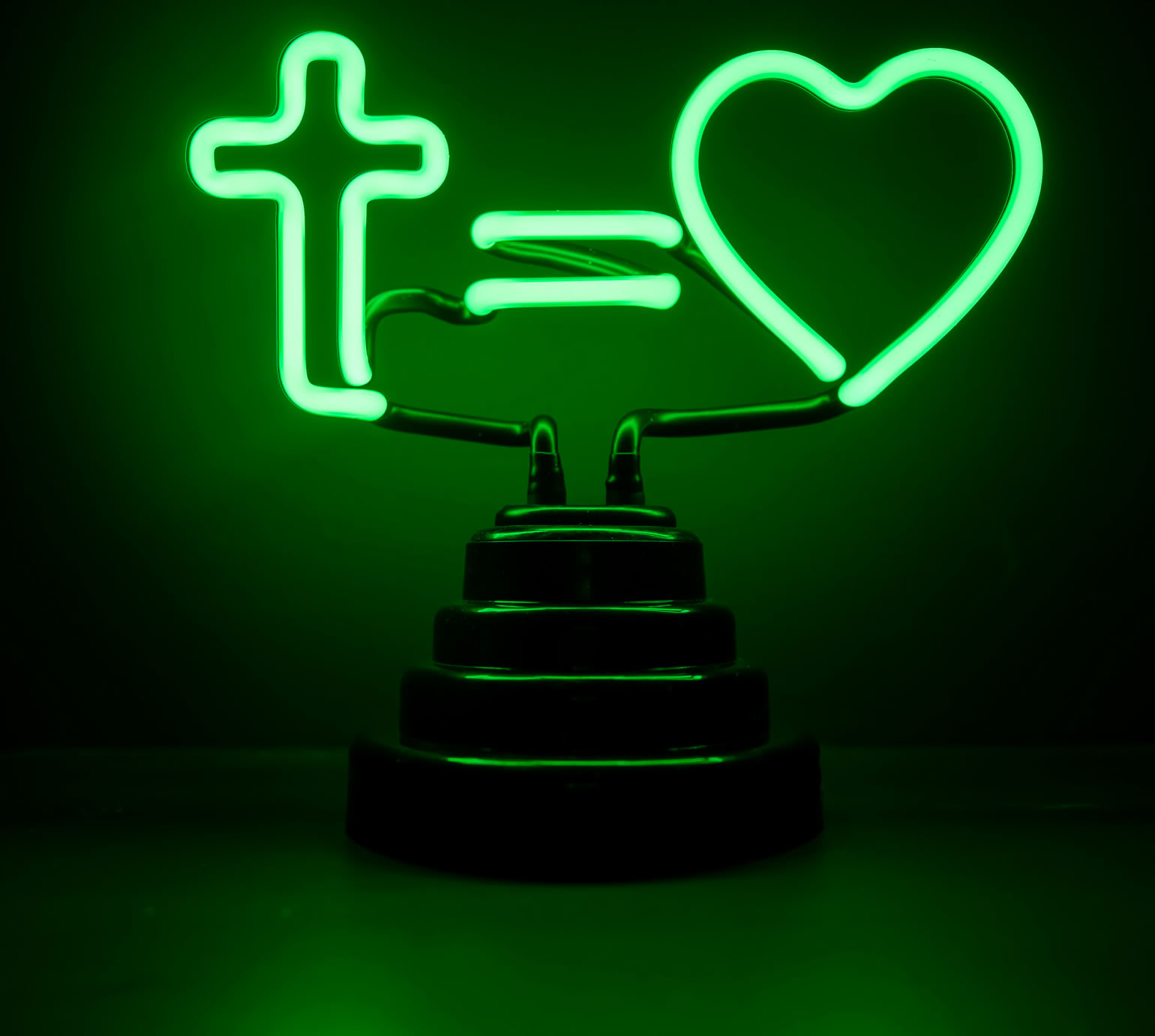 Flourescent green light with a cross equalling a heart